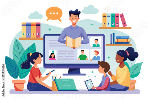 Online learning setup with students engaged at home using digital tools during a virtual class session led by an instructor