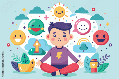 Vector illustration depicting various emotional states and resilience in a vibrant, engaging style with a central figure showing calmness and positivity