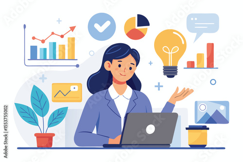 Businesswoman analyzing project initiation concepts with charts and graphs at a modern workspace during the daytime