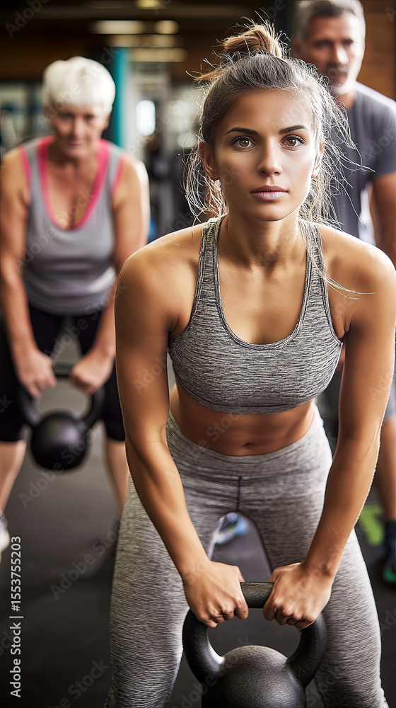 Obraz premium Woman is lifting two dumbbells while two person watch