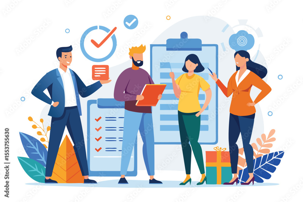 Team of business professionals reviewing a document checklist in an office environment collaborating on project tasks Team of business professionals reviewing a document checklist in an office environment collaborating on project tasks
