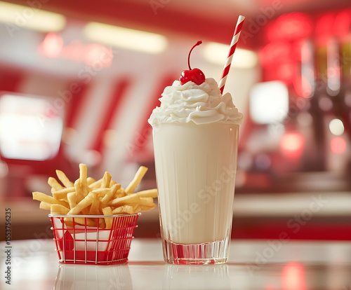 Wallpaper Mural A tasty vanilla milkshake and french fries served on a table in a vintage American diner setting. Torontodigital.ca