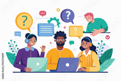Customer support team engaged in a collaborative discussion regarding client inquiries and solutions in a vibrant office setting