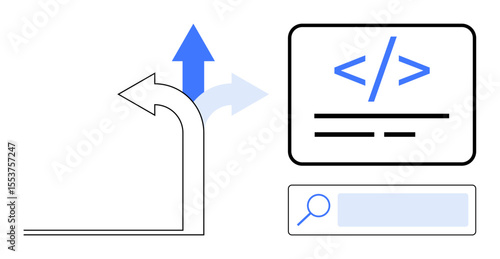 Curved arrow showing navigation with upward direction, code snippet, and search bar illustrating ideas of coding, innovation, search functionality, growth, decision-making, and guidance. Ideal