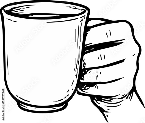 Detailed hand gripping a plain mug, captured in black line art with realistic grip and cozy minimalism