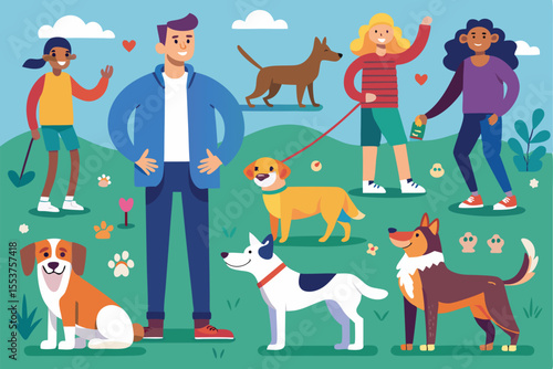 Joyful interactions in a park with dogs and people engaging in playful activities during a sunny afternoon