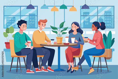 Friends enjoying lively discussion over coffee in a cozy cafe setting, full of plants and bright colors, during a sunny afternoon