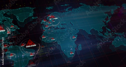 Cyber attack alert and security warning symbols over world map. Seamless looped technology concept.