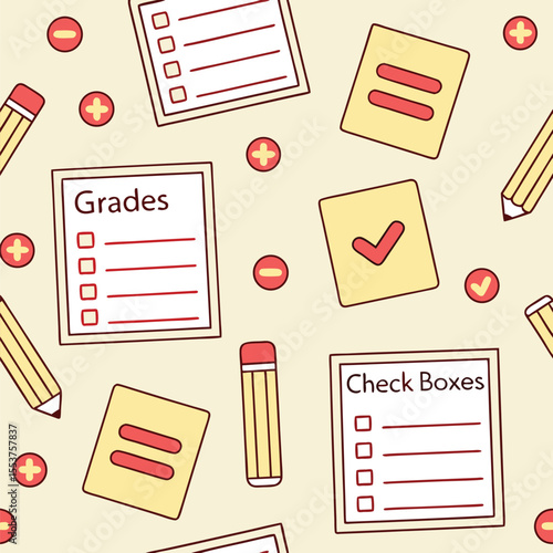 Checklists, pencils, plus and minus signs are arranged in a neat seamless pattern