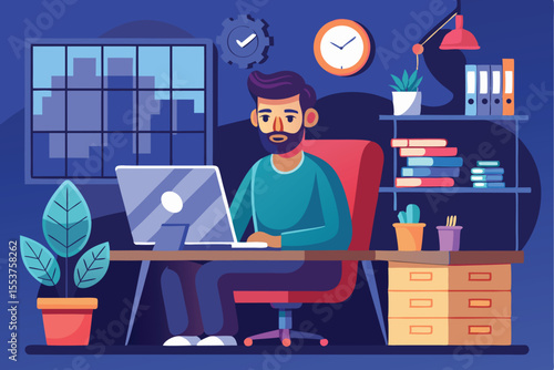 Engineer IT specialist programming at home in a modern workspace with a cozy atmosphere during evening hours