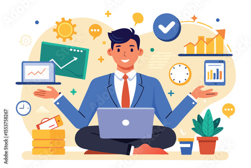 Happy businessman showcasing multitasking skills while sitting cross-legged in a vibrant workspace surrounded by technology and productivity elements