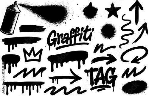 Dynamic graffiti-style collage of spray cans, starbursts, ink splashes, and abstract arrows in bold black strokes