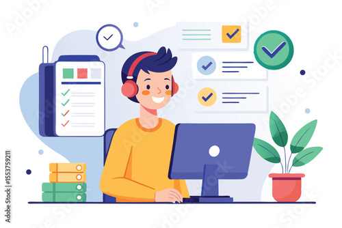 Support specialist assists customers with inquiries while working at a modern desk, utilizing technology and a cheerful demeanor to resolve issues efficiently