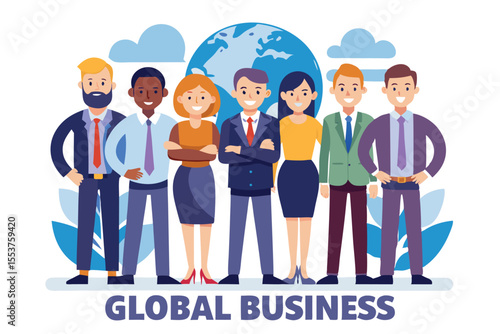 Office team of six professionals collaborating on global business strategies in a modern workplace setting