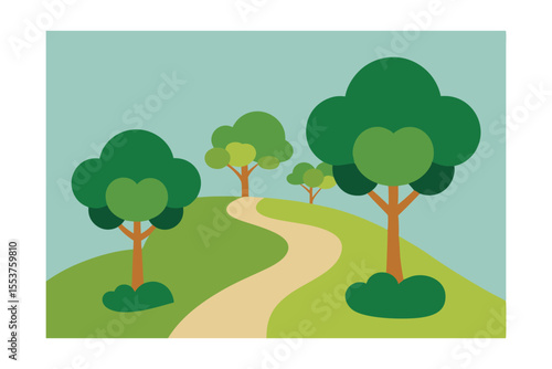 Serene Winding Path Through Lush Green Hillside Landscape Tranquil Nature Illustration