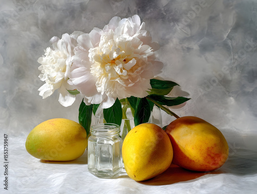 Wallpaper Mural An elegant still life composition with fresh mangoes and white peonies in a glass vase on a stone table. Torontodigital.ca