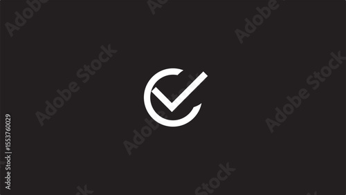 Checkmark Icon and Logo template, approve, certify, confirm, corroborate, endorse, justify, legalize, legitimize, substantiate, verify marker on black background.