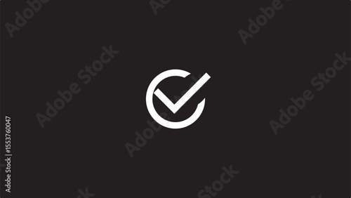 Checkmark Icon and Logo template, approve, certify, confirm, corroborate, endorse, justify, legalize, legitimize, substantiate, verify marker on black background.