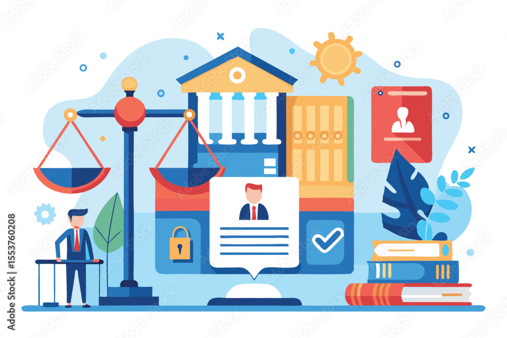 Fototapeta premium Law firm banner featuring legal themes with scales of justice, courthouse, and professional symbols set in a colorful, modern flat design