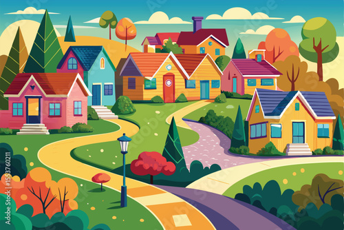Colorful illustration of a suburban neighborhood with winding paths, vibrant houses, and greenery throughout the landscape