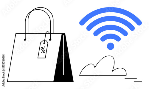 Shopping bag with discount label, cloud below waving wireless signals, representing e-commerce, digitalization, online shopping trends. Ideal for retail, technology, marketing, automation