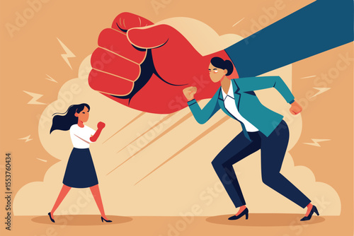 Woman courageously fighting back against a giant fist in a powerful display of strength and resilience in a dynamic urban setting at dusk