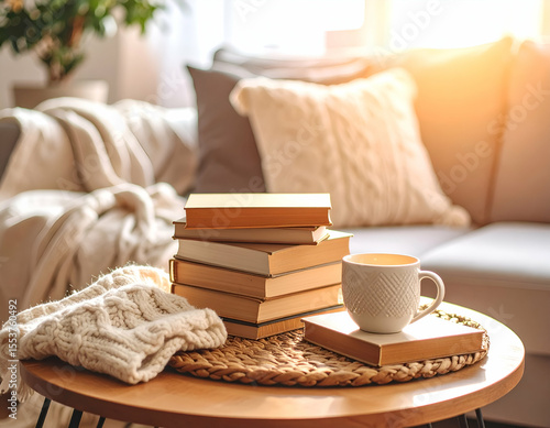 Cozy Living Room Still Life with Books Coffee Mug and Knitted Sweater