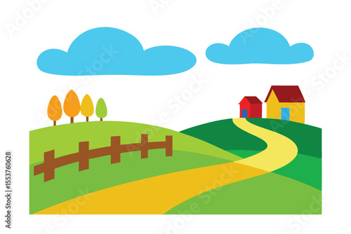Charming Countryside Illustration Rolling Hills, Farmhouses, and a Winding Path
