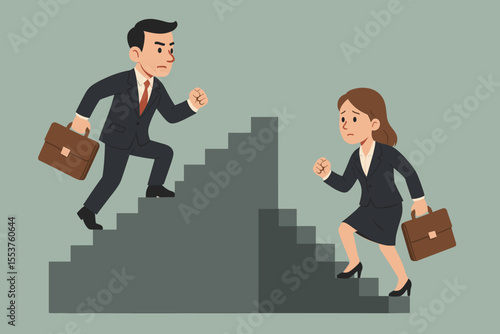 Gender inequality concept in business. Businessman and businesswoman climbing different career stairs. Metaphor for sexism, discrimination, the glass ceiling, and unfair competition.