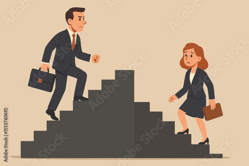 Business gender inequality vector concept. Businessman and businesswoman on different career stairs. Metaphor for workplace discrimination, sexism, unfair advantage, and the glass ceiling.