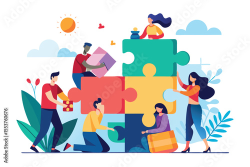 Engaging teamwork dynamics among diverse individuals collaborating on a colorful jigsaw puzzle in a bright and cheerful outdoor environment