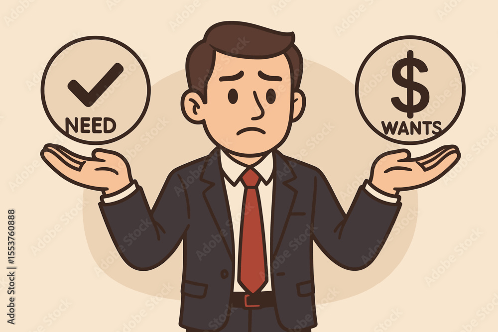 Businessman balancing needs and wants, decision making concept, financial priorities, cartoon vector illustration, choice between necessity and desire, money management, professional dilemma Businessman balancing needs and wants, decision making concept, financial priorities, cartoon vector illustration, choice between necessity and desire, money management, professional dilemma