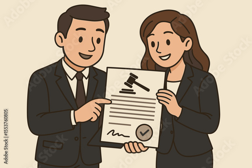 Businessman and businesswoman in suits reviewing legal contract agreement document, cartoon vector illustration. Law, legal advice, attorney consultation, partnership, business deal, signature.