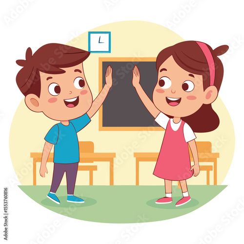 Cheerful boy and girl highfiving in a classroom with a blackboard is visible