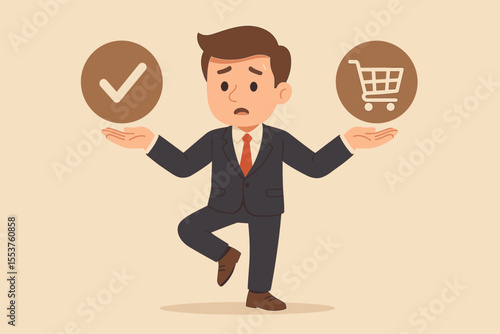 Confused businessman balancing needs and wants in decision making process. Cartoon vector illustration of man weighing priorities, shopping cart, check mark, choice, dilemma, business concept