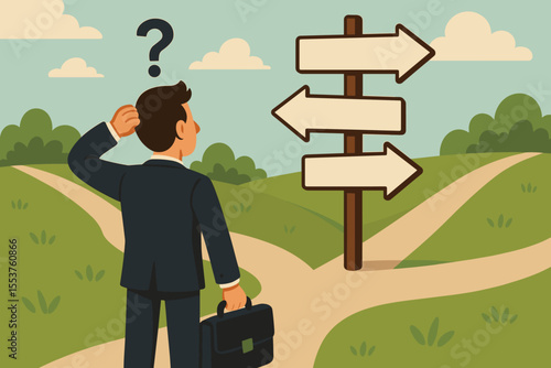 Confused businessman at crossroads choosing career path, decision-making concept, direction choice, business strategy, opportunity, challenge, success, vector cartoon illustration