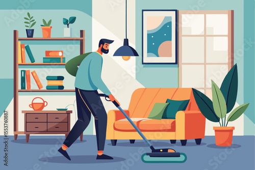 Wallpaper Mural Man vacuums modern living room floor, highlighting a clean and organized space Torontodigital.ca