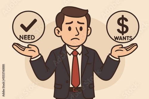 Businessman balancing needs and wants, decision making concept, financial priorities, cartoon vector illustration, choice between necessity and desire, money management, professional dilemma