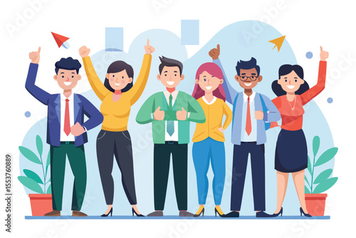 Colleagues celebrating team success with enthusiastic gestures in a bright office environment showcasing camaraderie and joy