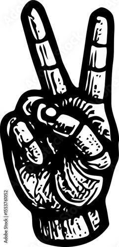 Black-and-white hand sketch showing peace sign gesture, representing hope, unity, and non-verbal communication