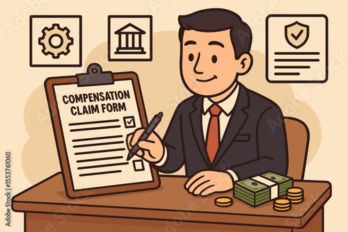 Businessman filling compensation claim form at office desk, financial reimbursement process, corporate policy, insurance, money payout, legal document, vector cartoon illustration