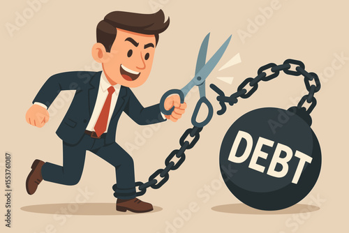 Businessman breaking free from debt by cutting chains with scissors. Financial freedom, debt relief, loan reduction, overcoming financial burden, cartoon vector illustration, economic success concept