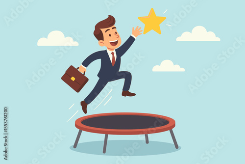 Ambitious businessman bouncing on trampoline reaching for star. Career success, achievement, motivation, goal setting, business growth, leadership, aspiration, opportunity. Vector illustration