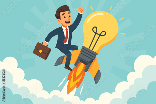 Ambitious businessman riding rocket-powered lightbulb, symbolizing innovation, startup launch, creativity, business success, entrepreneurship, leadership, and breakthrough ideas. Vector illustration