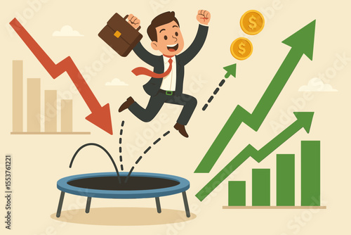 Businessman bouncing on trampoline overcoming financial crisis, jumping from decline to profit growth, economic recovery, success, upward graph, cartoon vector illustration, investment concept