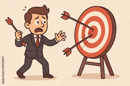 Cartoon businessman missing target, failing to hit bullseye with arrows. Concept of business mistakes, errors, missed goals, failure, wrong strategy, unsuccessful attempt. Vector illustration