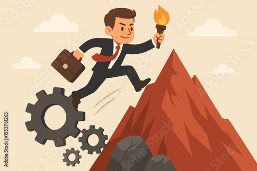 Businessman climbing mountain overcoming obstacles gears leadership success concept. Vector illustration. Business challenge, achievement, motivation, determination, goal, torch, briefcase