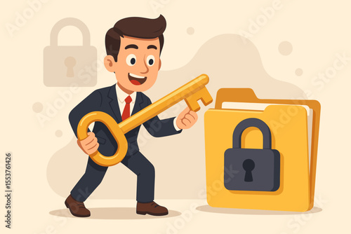 Businessman holding golden key unlocking secure folder with padlock, concept of confidential data protection, cybersecurity, privacy, access control, information safety, cartoon vector illustration