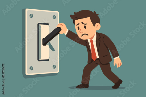 Sad businessman switching off giant light switch, metaphor for business closure, bankruptcy, end of project, financial crisis, energy saving, shutdown, decision making, cartoon vector illustration