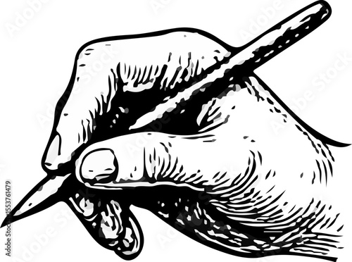 Realistic black-and-white illustration of a human hand gripping a pencil in writing position, detailed with fine linework and shading—ideal for drawing references or educational purposes